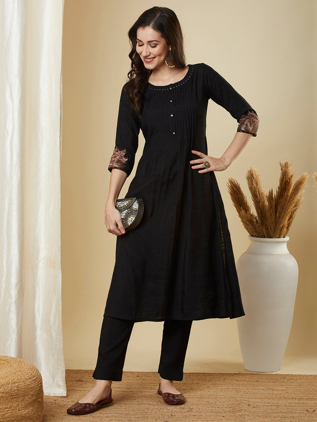 Party Edit- Embroidered silk blend kurta with pleating and sequin work paired with lined pants