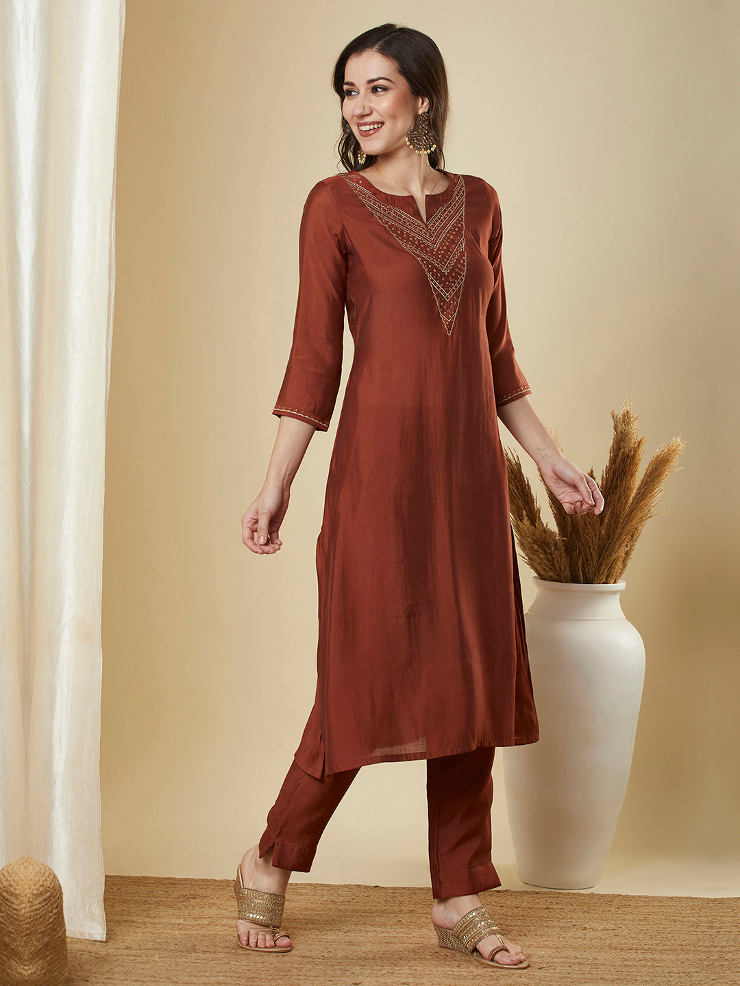Party Edit- Roman silk kurta set with a triangle yoke adorned with sequins and zari work