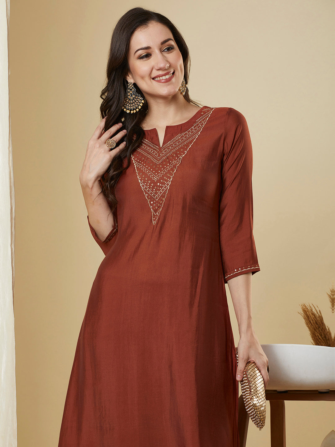Party Edit- Roman silk kurta set with a triangle yoke adorned with sequins and zari work