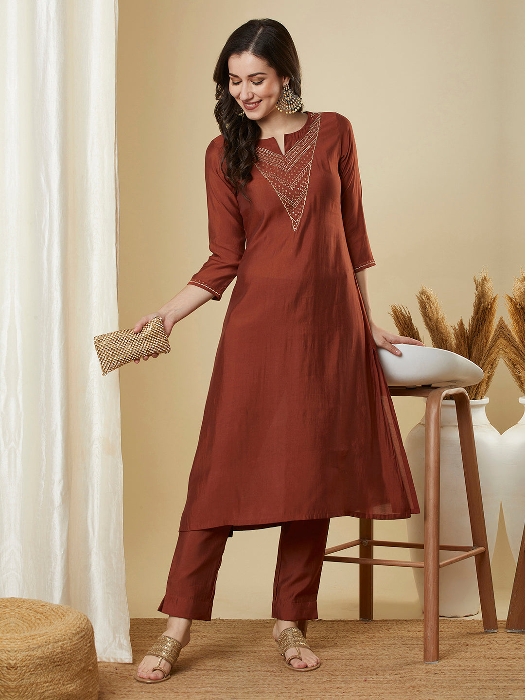Party Edit- Roman silk kurta set with a triangle yoke adorned with sequins and zari work