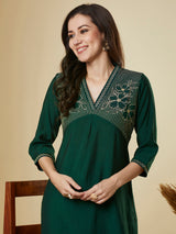 Straight alia cut kurta set with embroidered yoke and border.