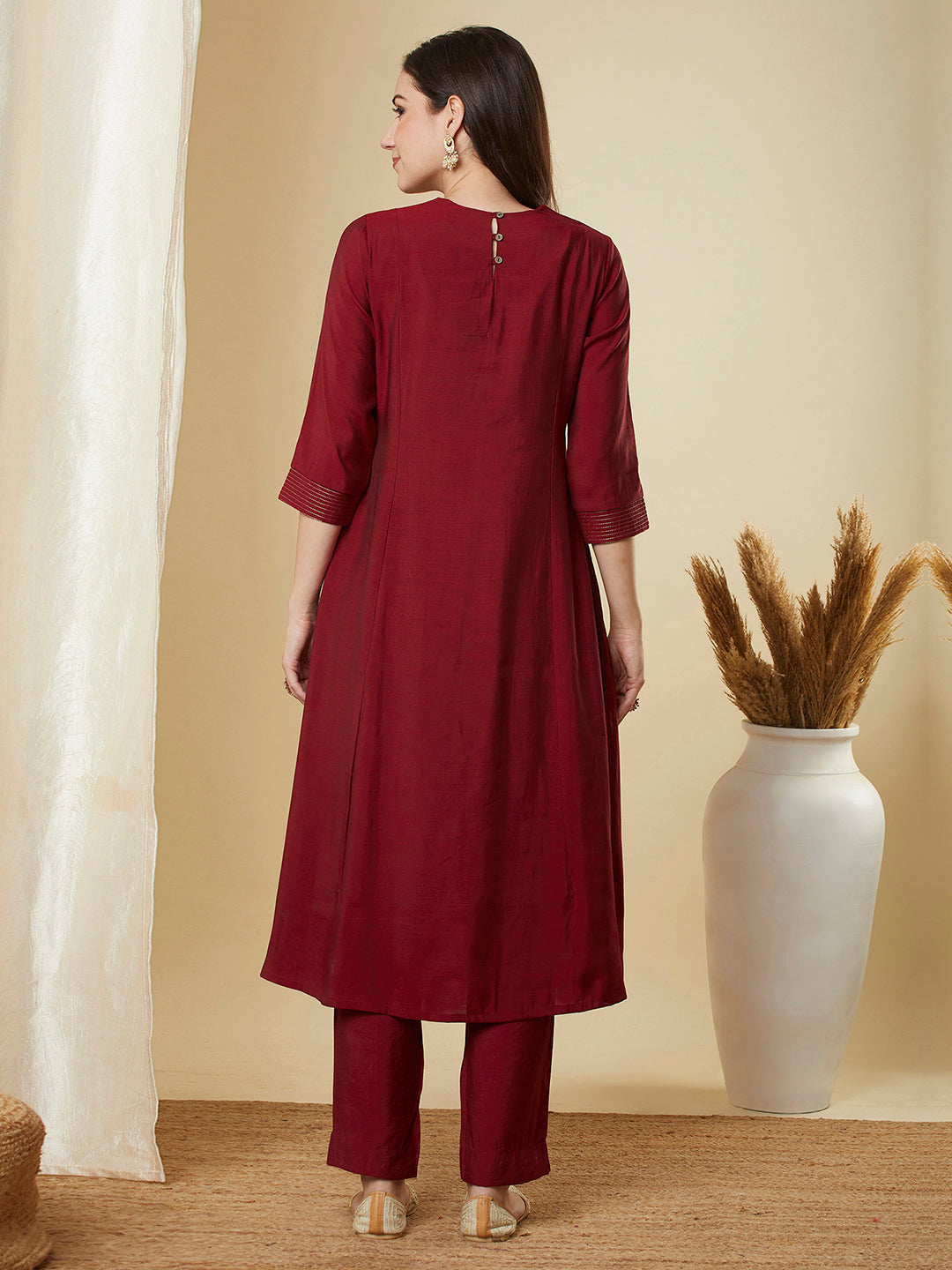 Party Edit- A-line shoulder princess kurta set with embroidered yoke and stitch line sleeves