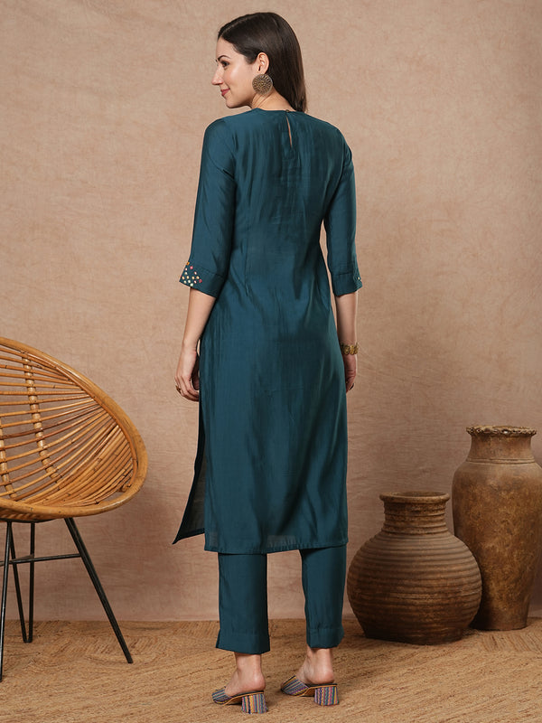 Teal blue straight fit kurta set with geometric multicolour embroidery in abstract formation yoke and cuff