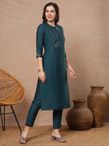 Teal blue straight fit kurta set with geometric multicolour embroidery in abstract formation yoke and cuff