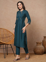Teal blue straight fit kurta set with geometric multicolour embroidery in abstract formation yoke and cuff