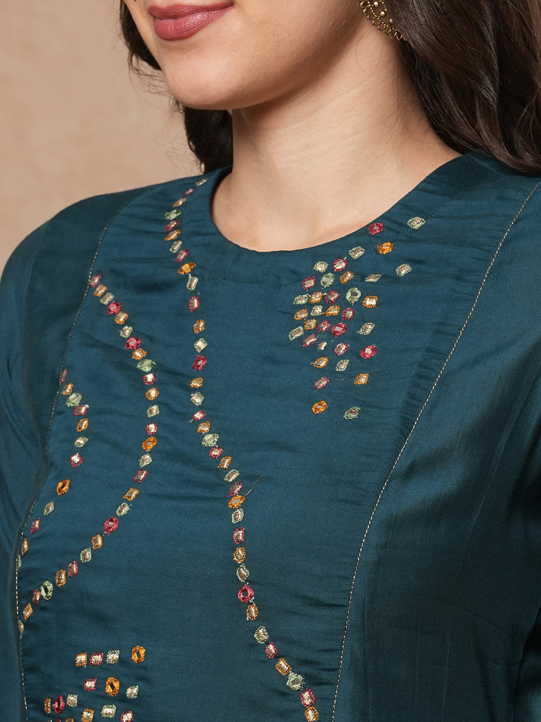 Party Edit- Straight fit kurta set with geometric multicolor embroidery in abstract formation yoke and cuff