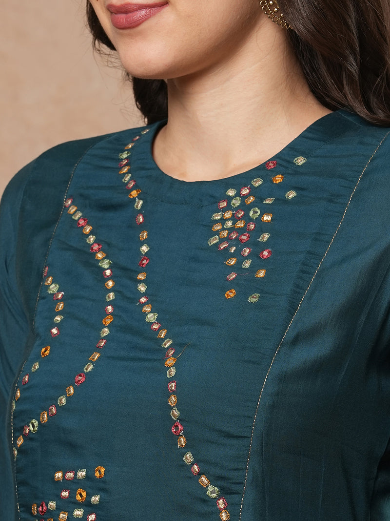 Teal blue straight fit kurta set with geometric multicolour embroidery in abstract formation yoke and cuff
