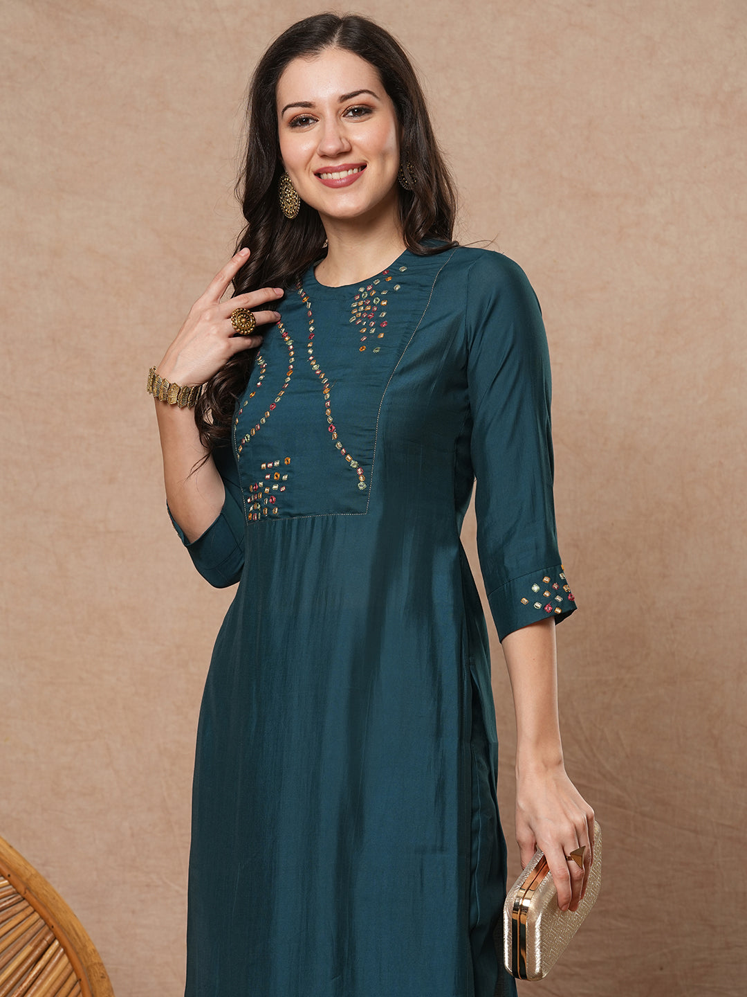 Party Edit- Straight fit kurta set with geometric multicolor embroidery in abstract formation yoke and cuff
