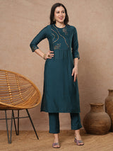 Teal blue straight fit kurta set with geometric multicolour embroidery in abstract formation yoke and cuff