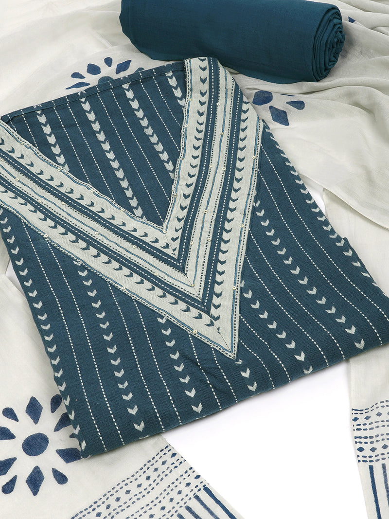 Blue unstitched suit set with contrast geometric style on the yoke with block printed dupatta.