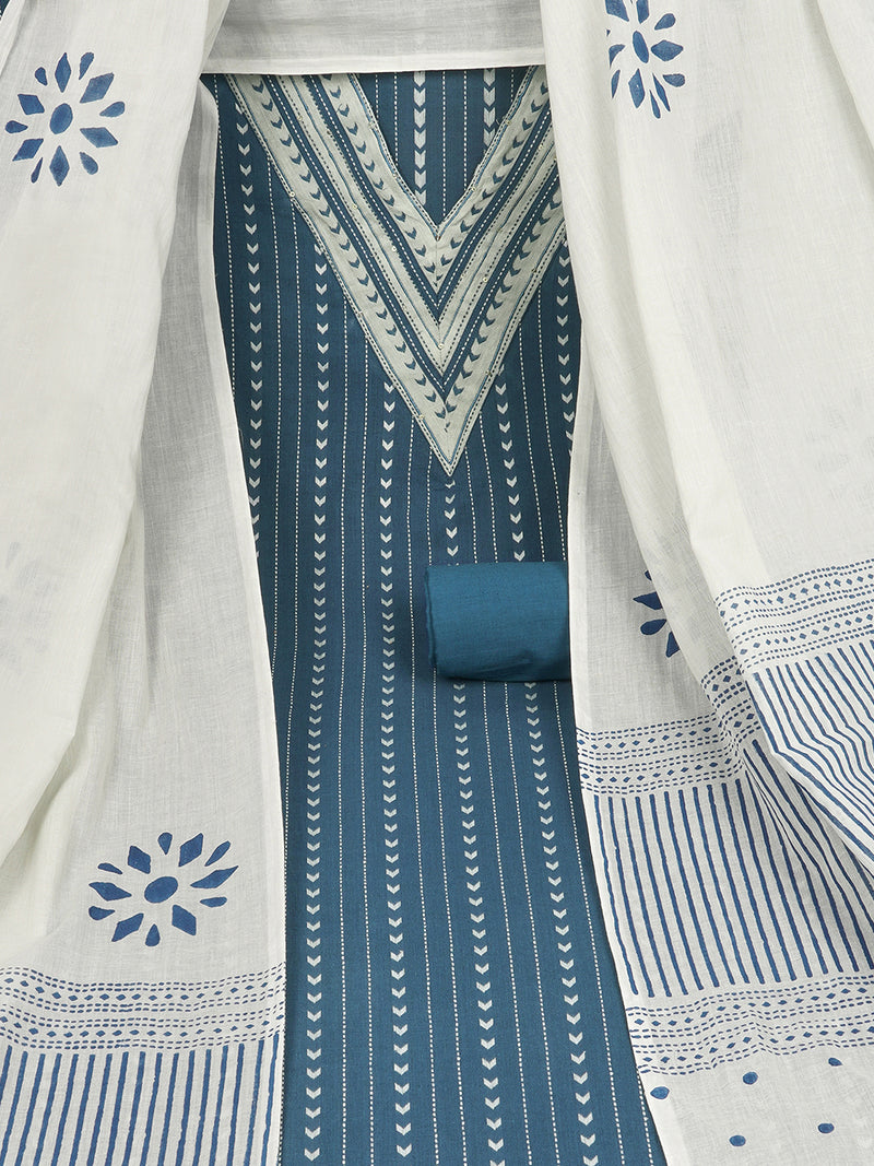 Blue unstitched suit set with contrast geometric style on the yoke with block printed dupatta.