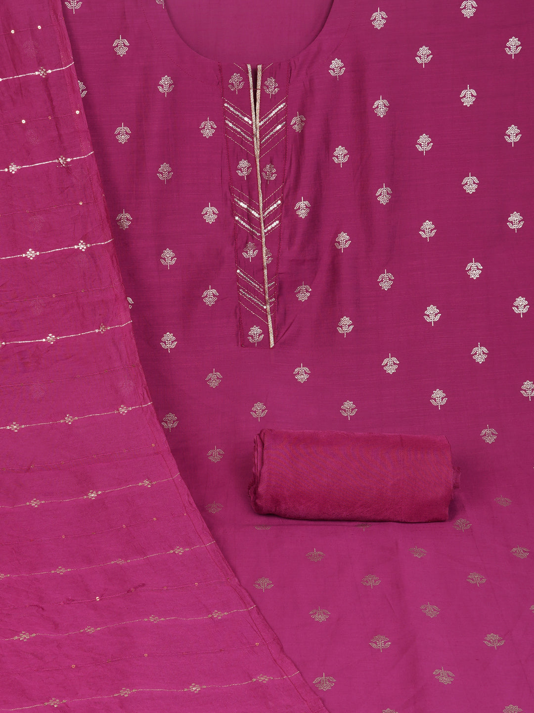 Party Edit- Pink foil print suit set coordinate with chanderi delicate Zari border and self colour bottom.