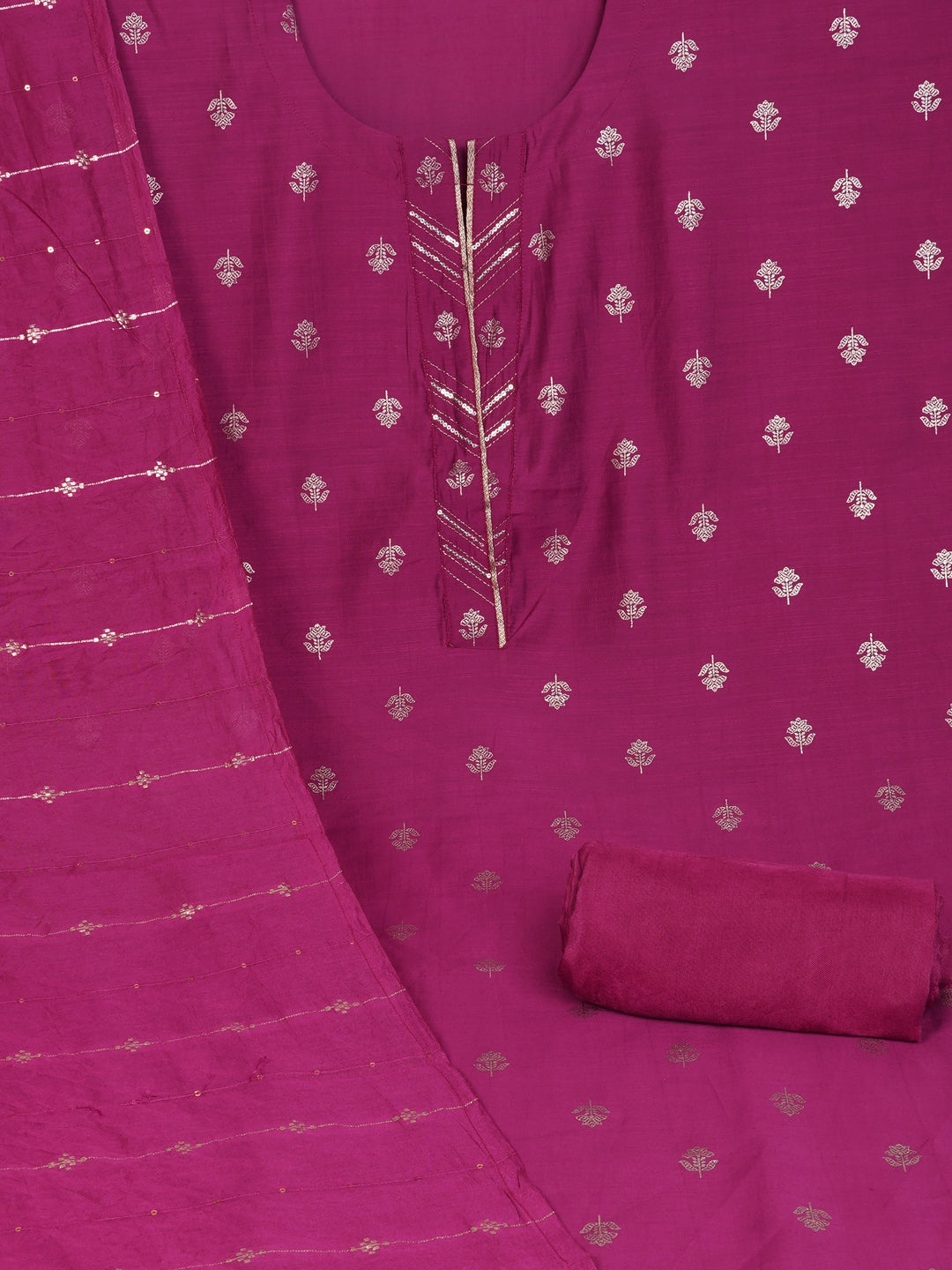 Party Edit- Pink foil print suit set coordinate with chanderi delicate Zari border and self colour bottom.
