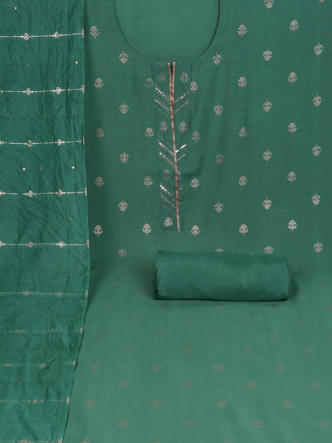 Party Edit- Green foil print unstitched suit set coordinate with chanderi delicate Zari border and self color bottom.