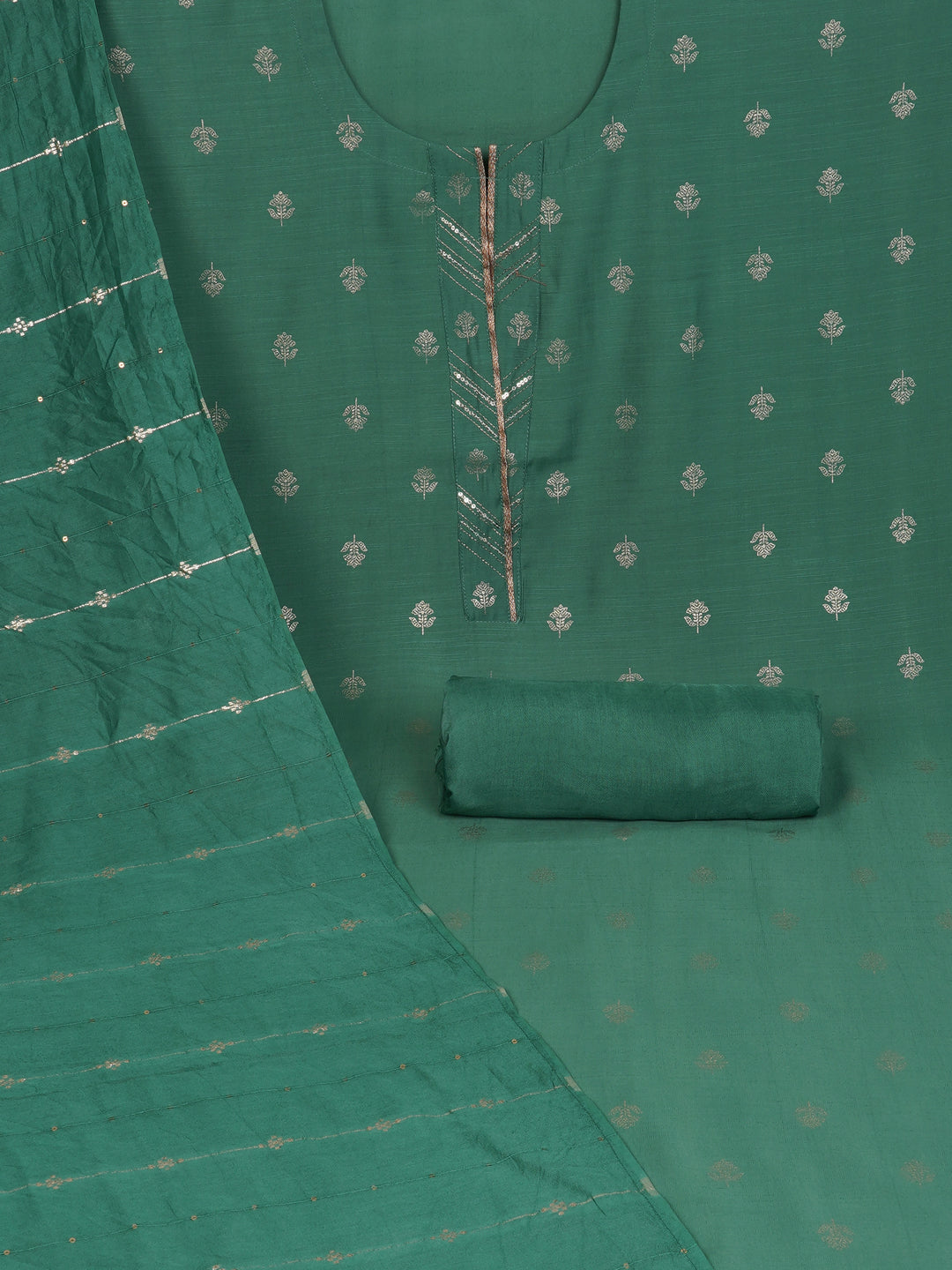 Party Edit- Green foil print unstitched suit set coordinate with chanderi delicate Zari border and self color bottom.