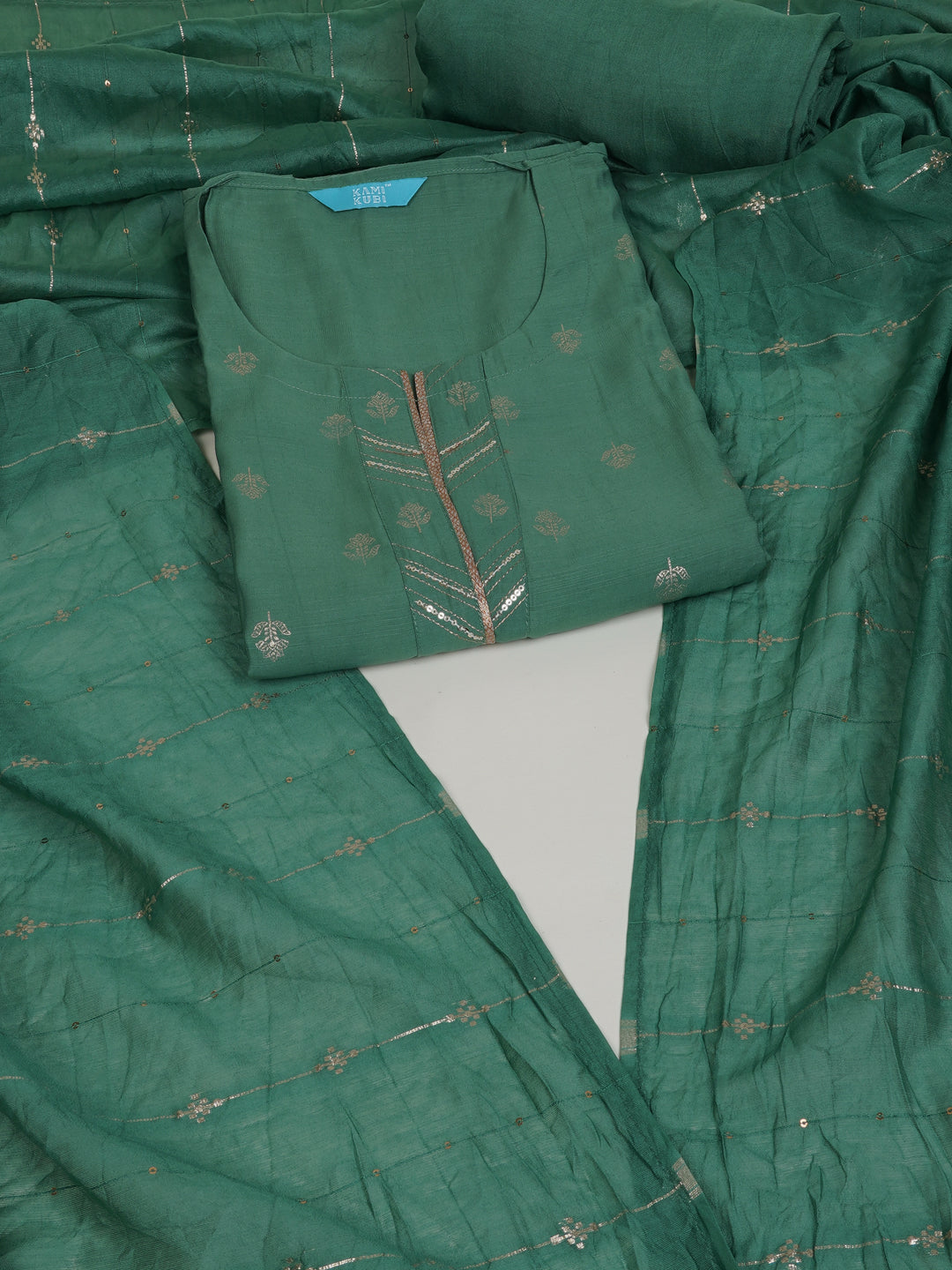 Party Edit- Green foil print unstitched suit set coordinate with chanderi delicate Zari border and self color bottom.