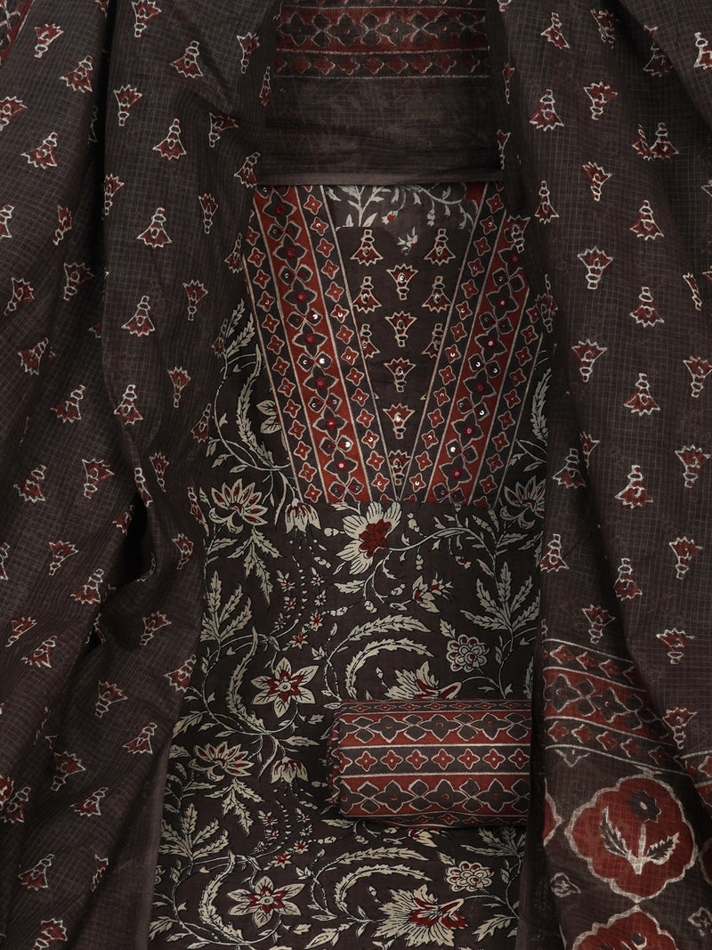 Brown Unstitched traditional block printed suit set paired with kota doria printed dupatta.