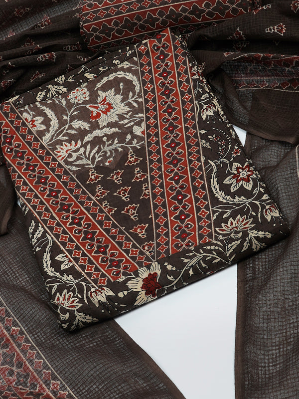 Brown Unstitched traditional block printed suit set paired with kota doria printed dupatta.