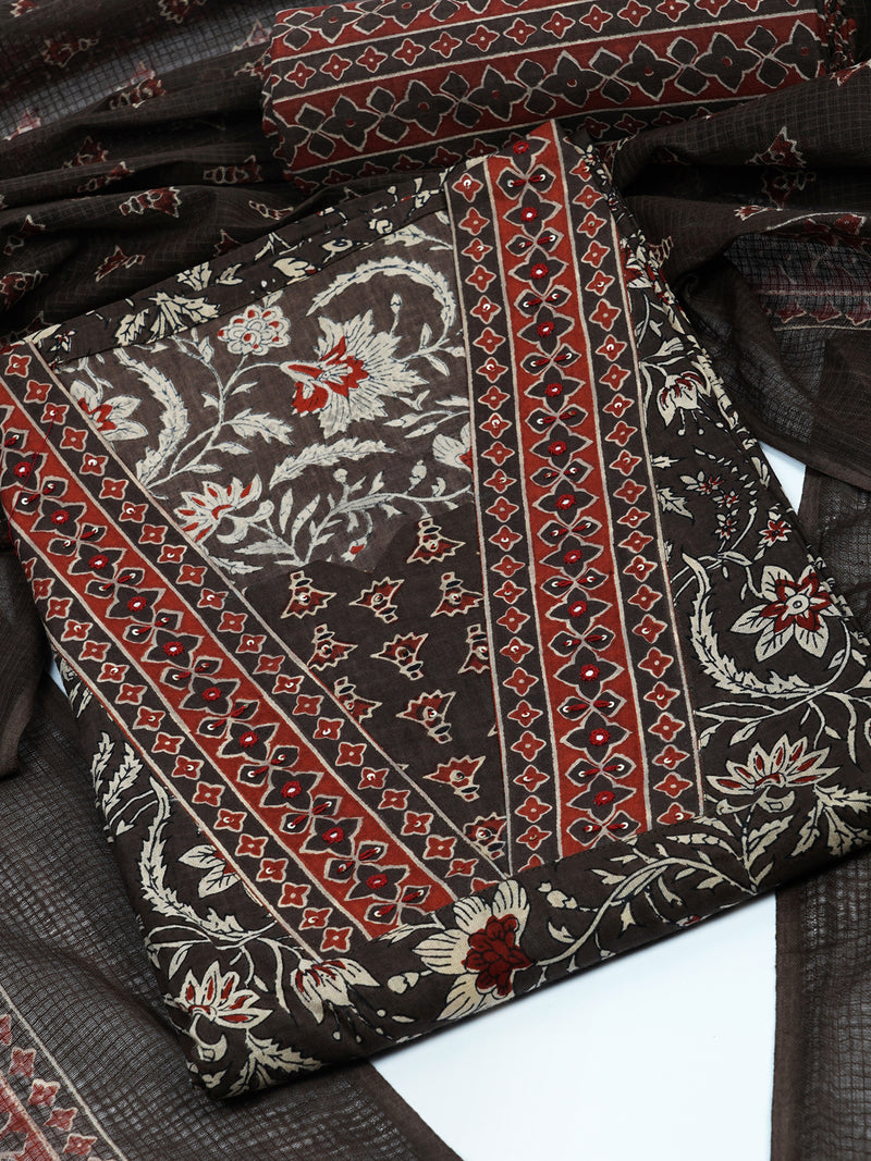 Brown Unstitched traditional block printed suit set paired with kota doria printed dupatta.