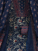 Blue Unstitched traditional block printed suit set paired with kota-doria printed dupatta.