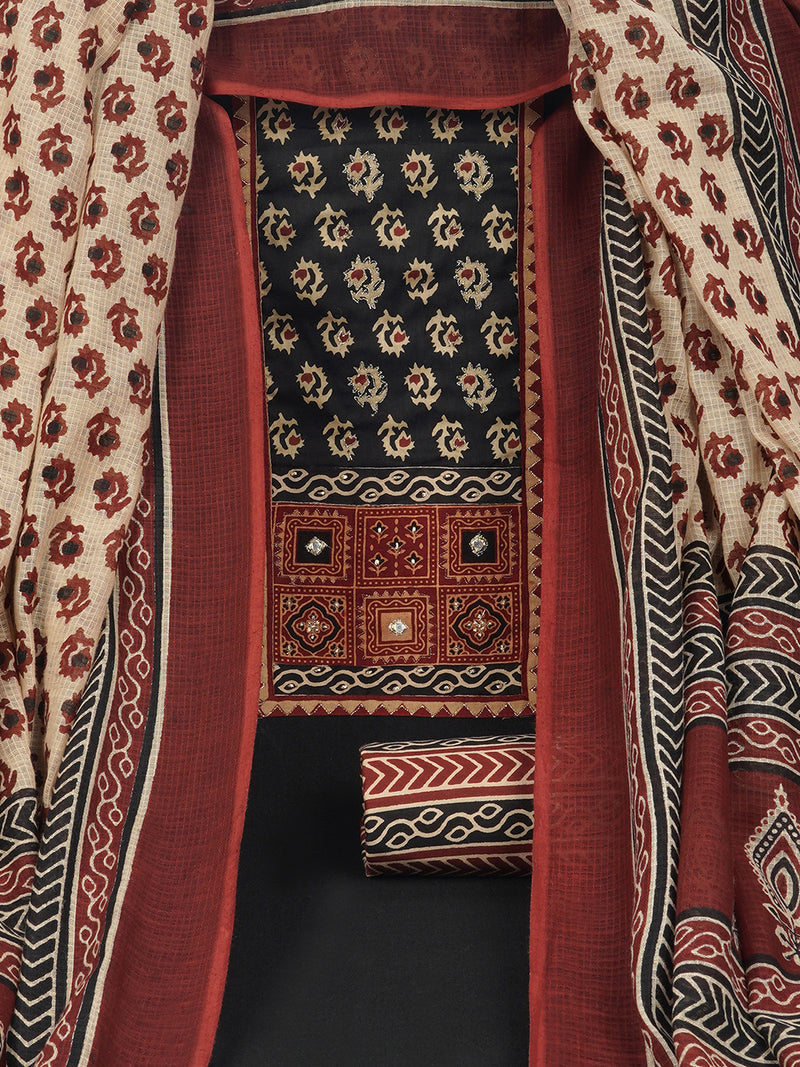 Black unstitched cotton suit set with mix-match yoke and contrast colour kota dupatta.