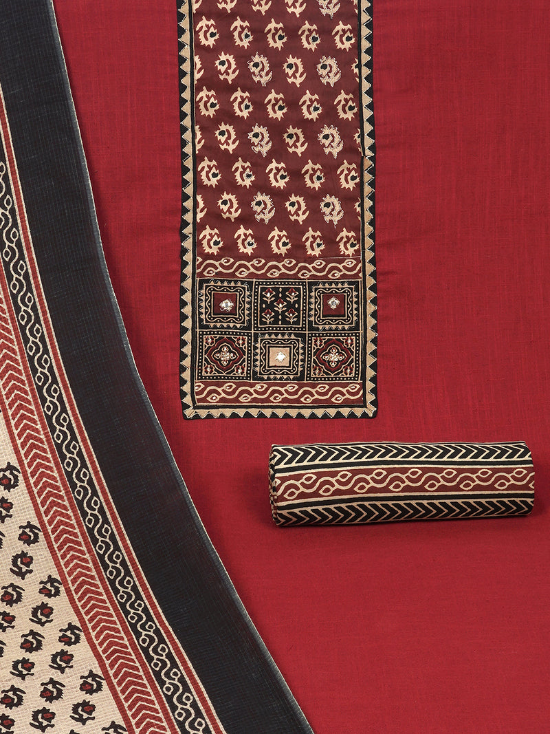 Maroon unstitched cotton suit set with mix-match yoke and contrast colour kota dupatta.