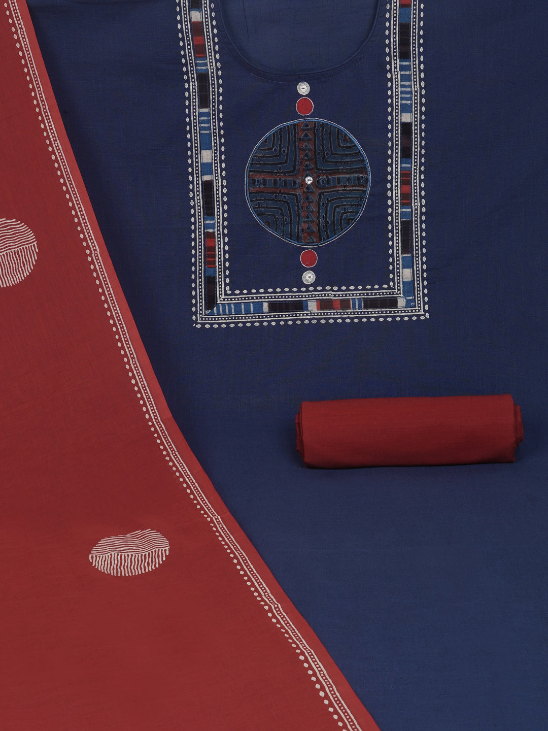 Blue unstitched cotton suit set incorporate with mix and match of the traditional bagru print schiflli fabric.
