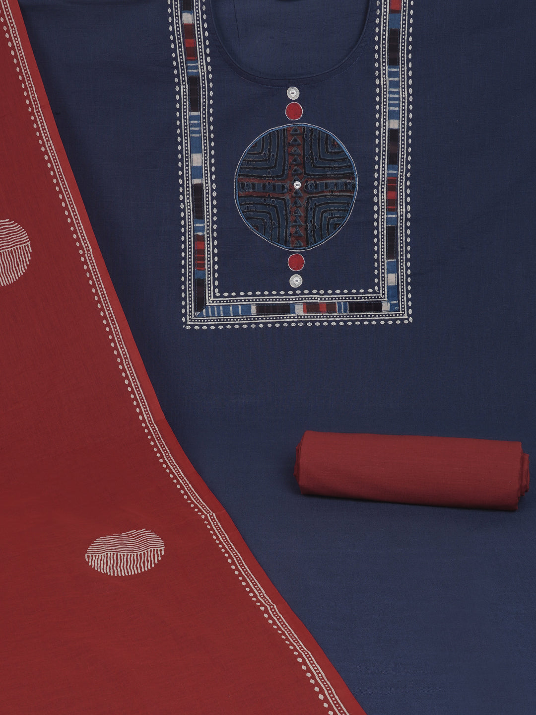 Blue unstitched cotton suit set incorporate with mix and match of the traditional bagru print schiflli fabric.
