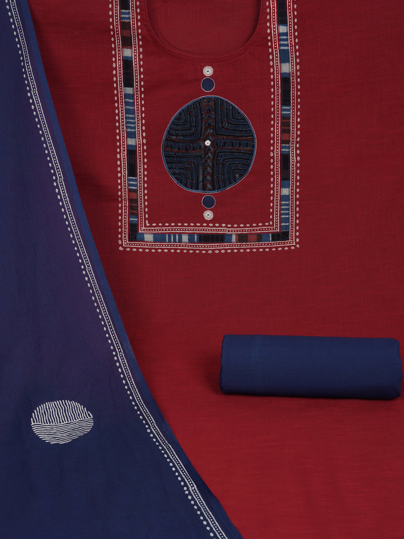 Maroon unstitched cotton suit set incorporate with mix and match of the traditional bagru print schiflli fabric.