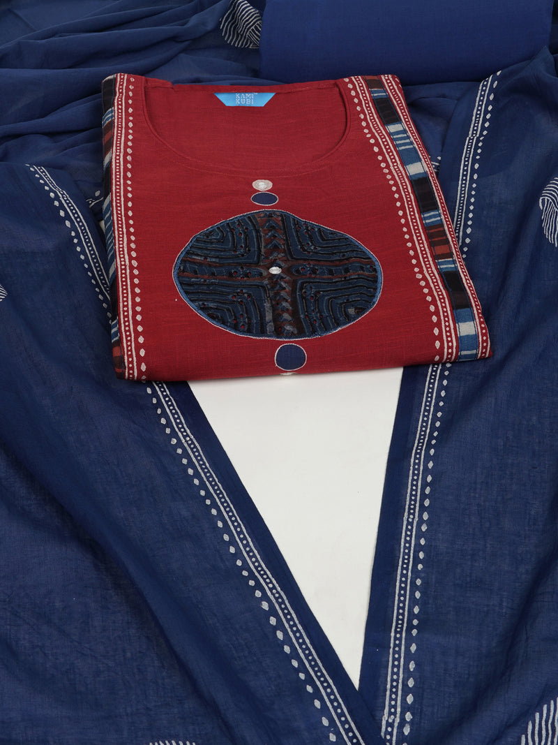Maroon unstitched cotton suit set incorporate with mix and match of the traditional bagru print schiflli fabric.