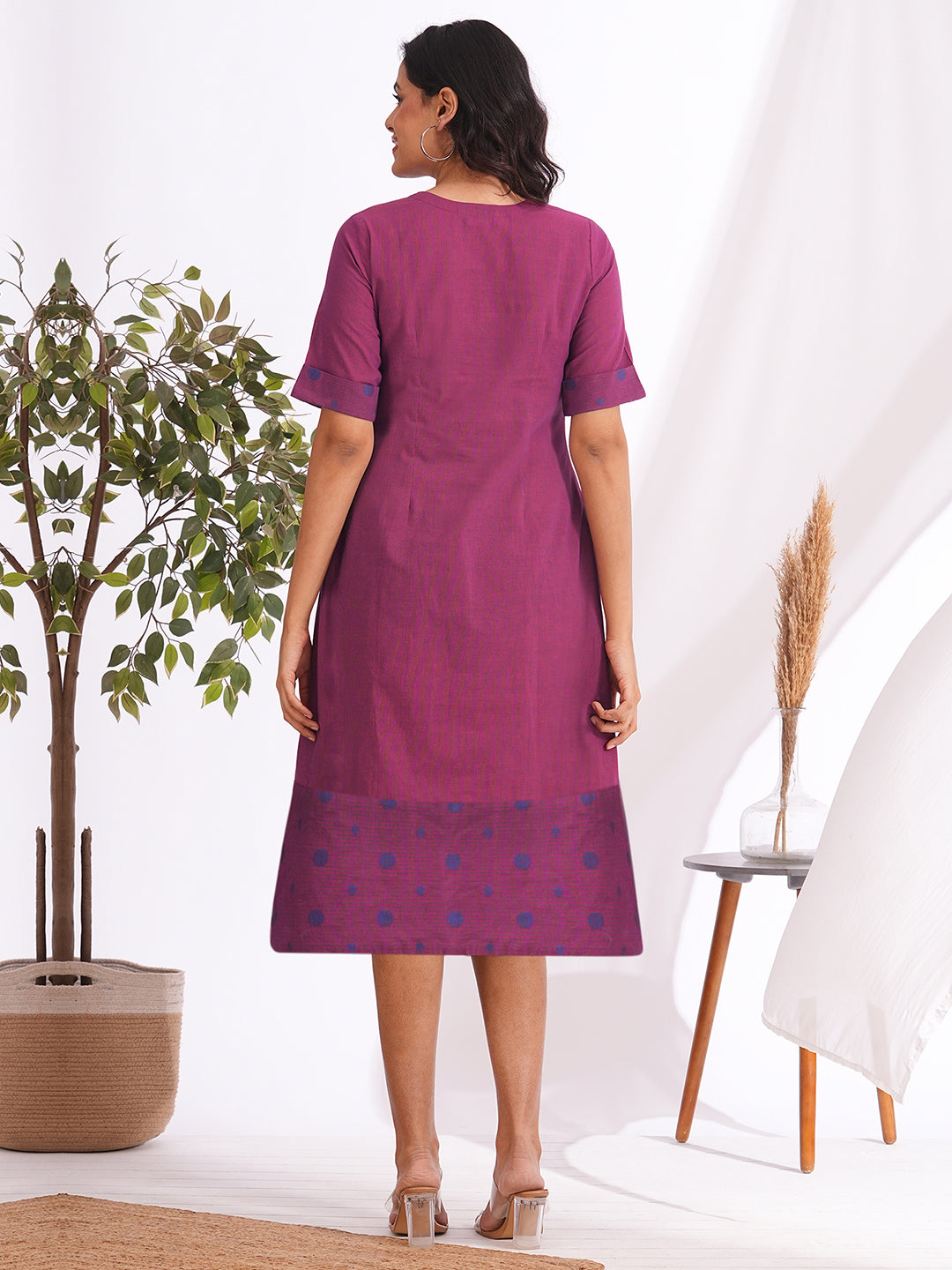 A-line dress in woven cotton stripe fabric with a centre box pleat and attached buttons