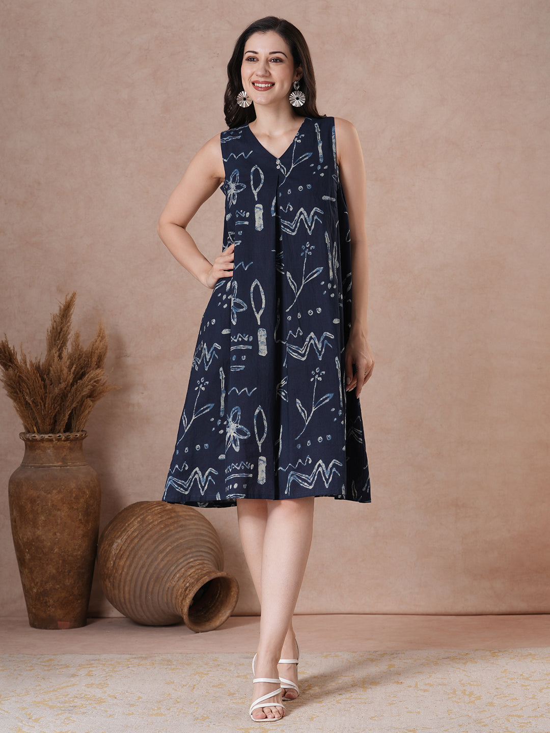 Abstract Print A-Line Cotton Dress with gathering and box pleat.