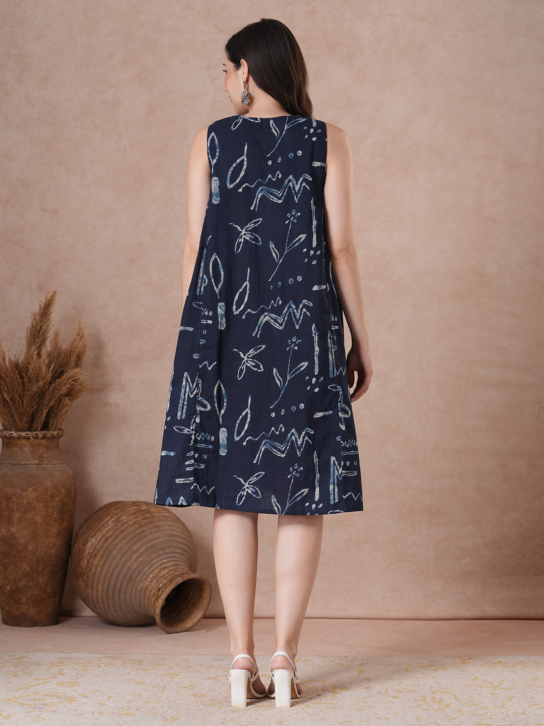 Abstract Print A-Line Cotton Dress with gathering and box pleat.