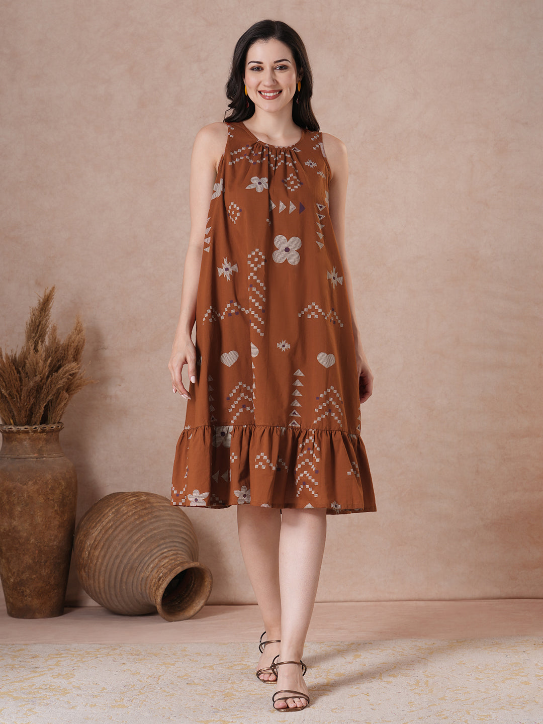 Rust Abstract Print A-Line Cotton Dress with gathering on the neck.