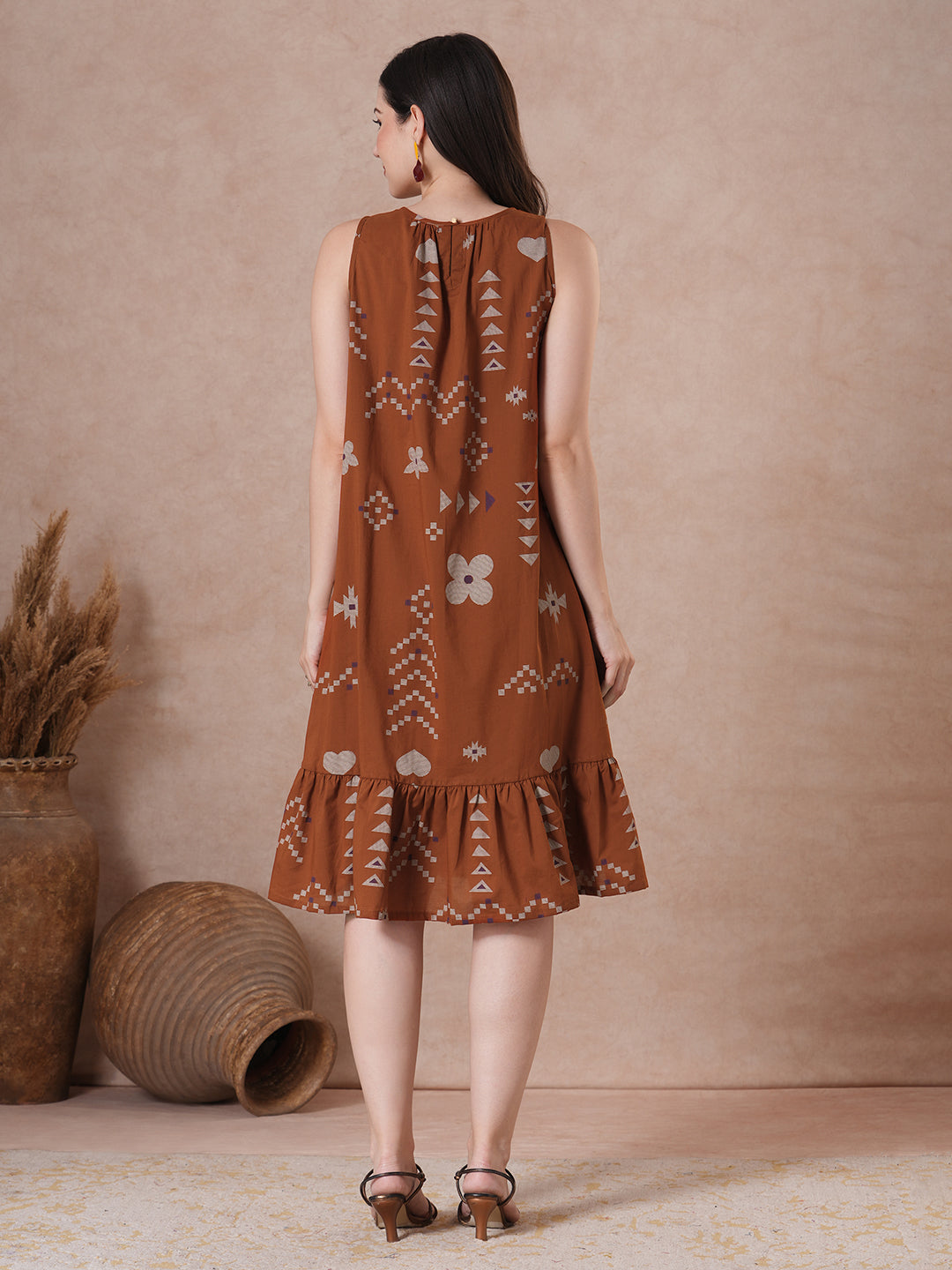 Rust Abstract Print A-Line Cotton Dress with gathering on the neck.