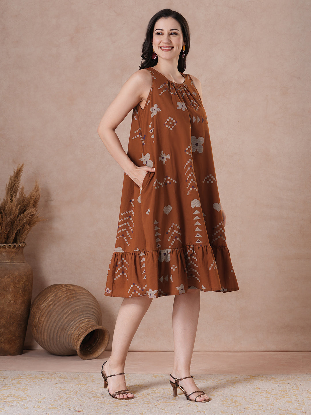 Rust Abstract Print A-Line Cotton Dress with gathering on the neck.
