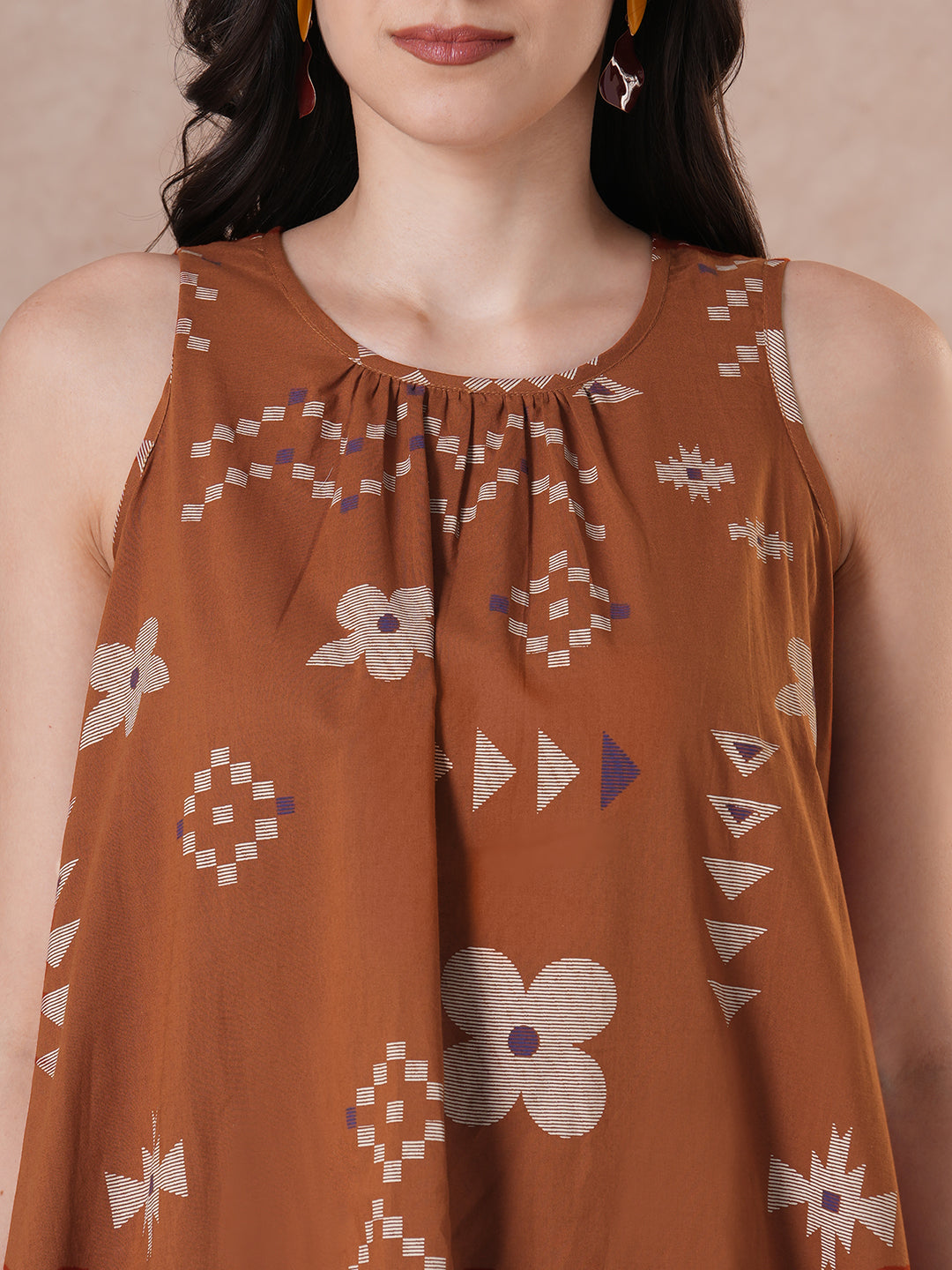 Rust Abstract Print A-Line Cotton Dress with gathering on the neck.