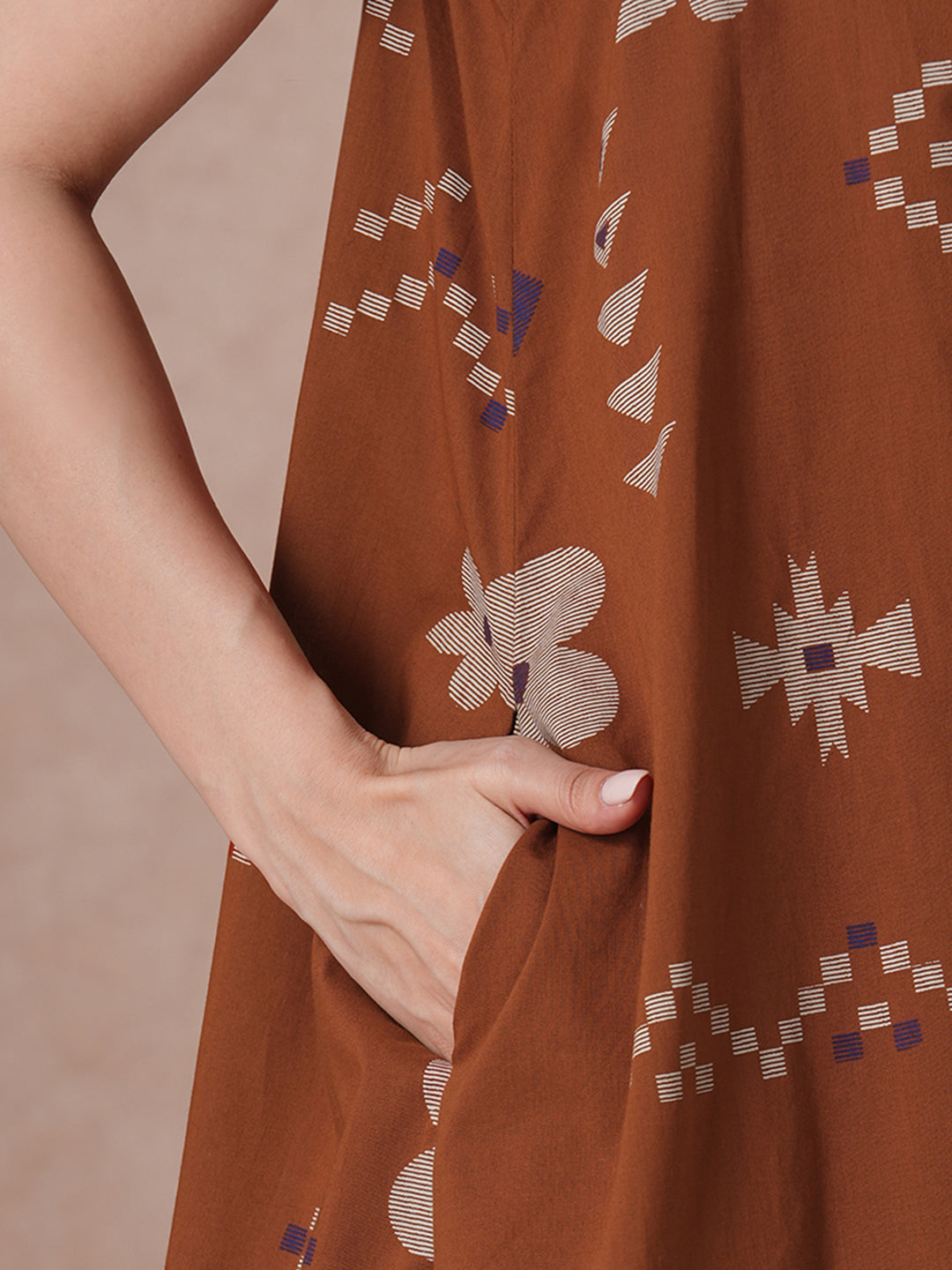 Rust Abstract Print A-Line Cotton Dress with gathering on the neck.