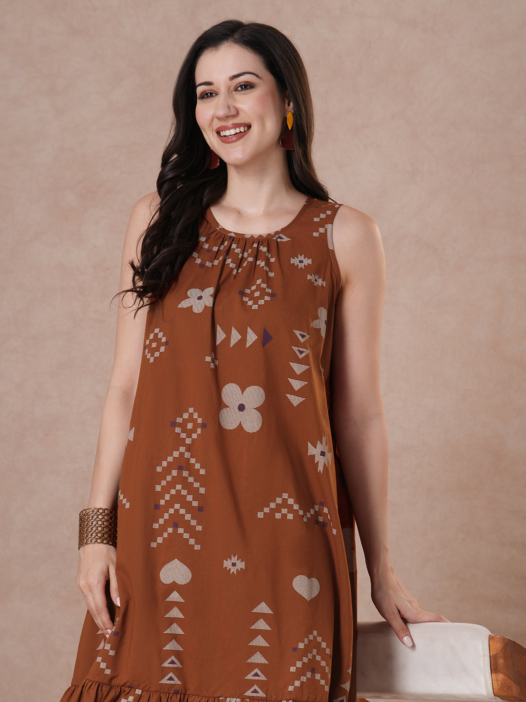 Rust Abstract Print A-Line Cotton Dress with gathering on the neck.
