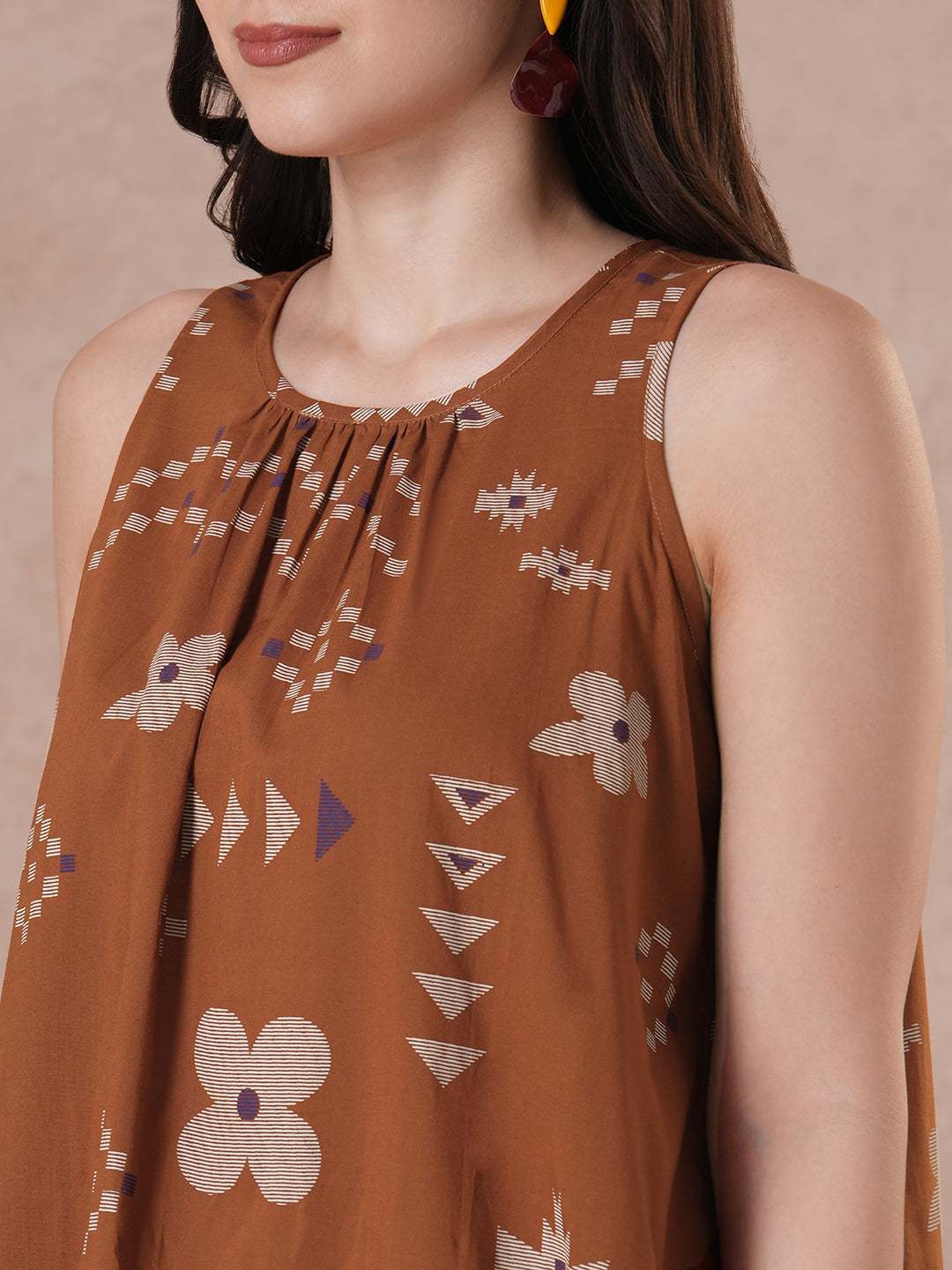 Rust Abstract Print A-Line Cotton Dress with gathering on the neck.