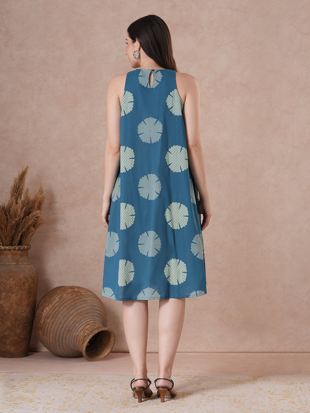 Cobalt Blue Printed box pleat and a comfortable flared A-line dress.