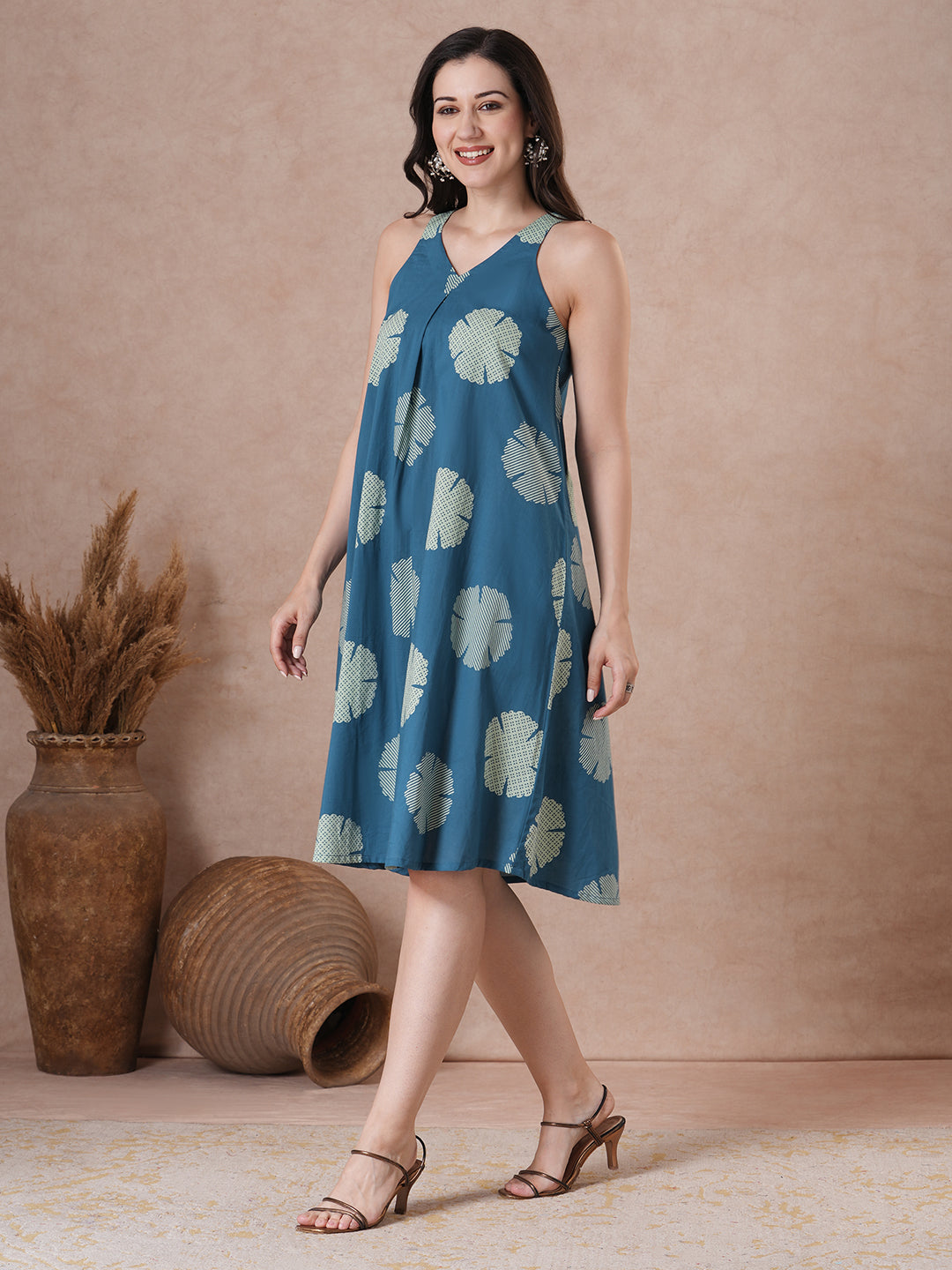JOYLAND - Cobalt Blue cotton Printed box pleat and a comfortable flared A-line dress.