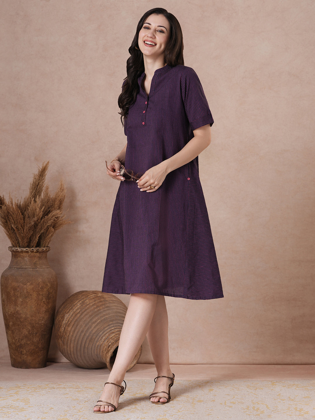 JOYLAND - Cotton striped Tent Fit Shirt Dress with Dual pockets and button accents.