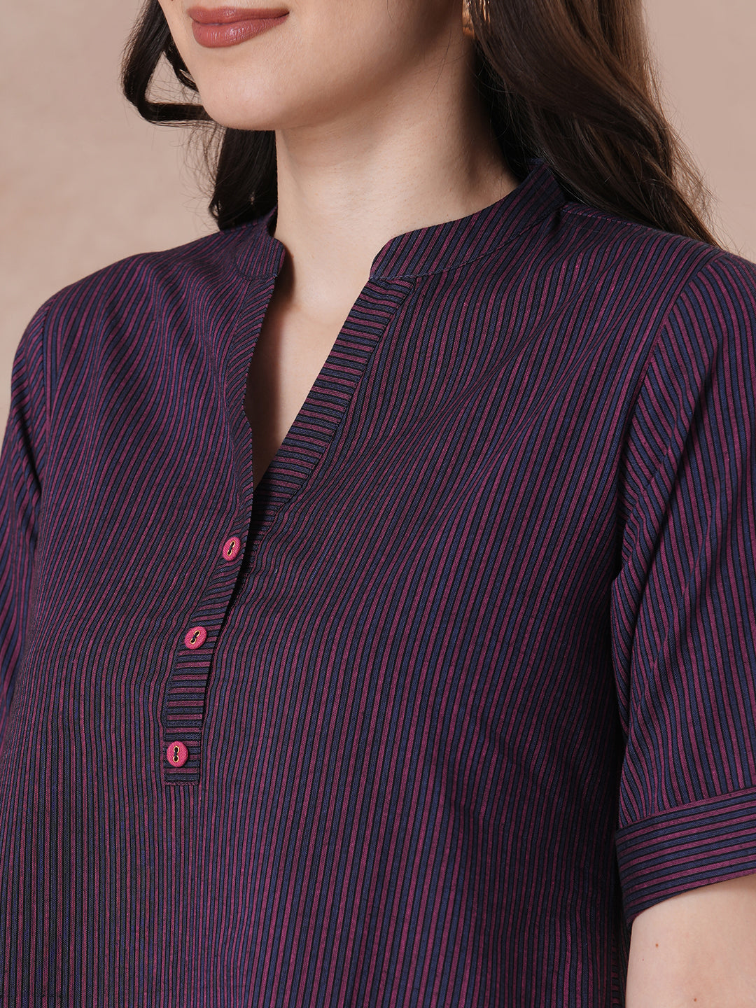 JOYLAND - Cotton striped Tent Fit Shirt Dress with Dual pockets and button accents.