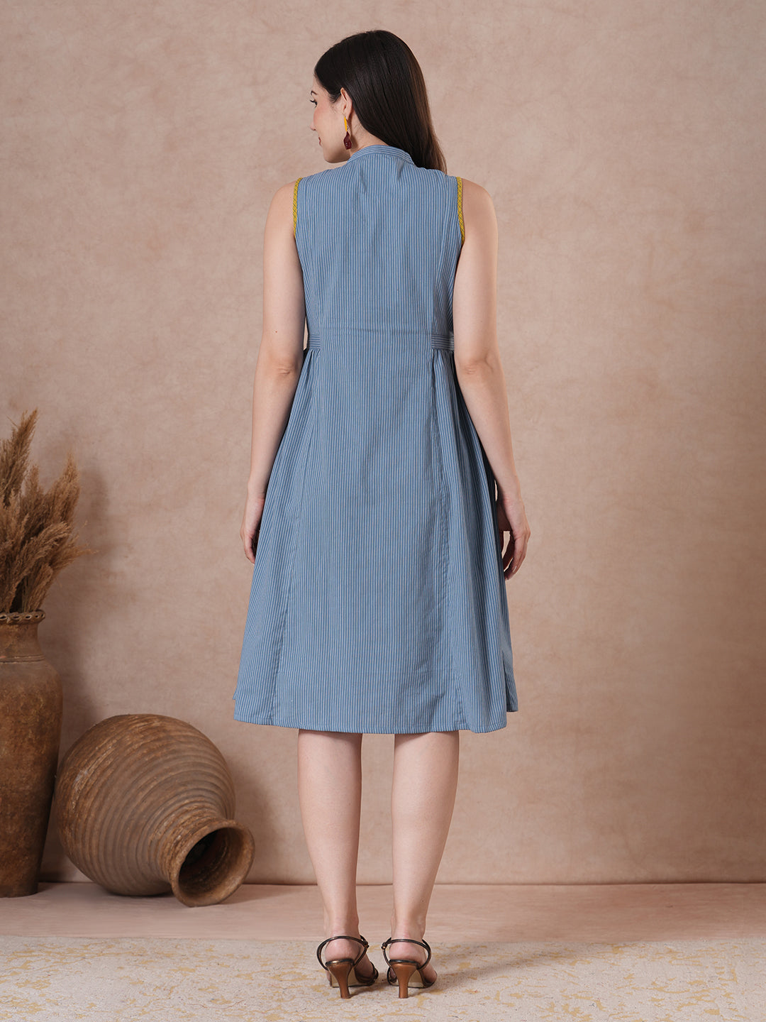 Striped Princess Line stand collar Dress with Contrast Trim.