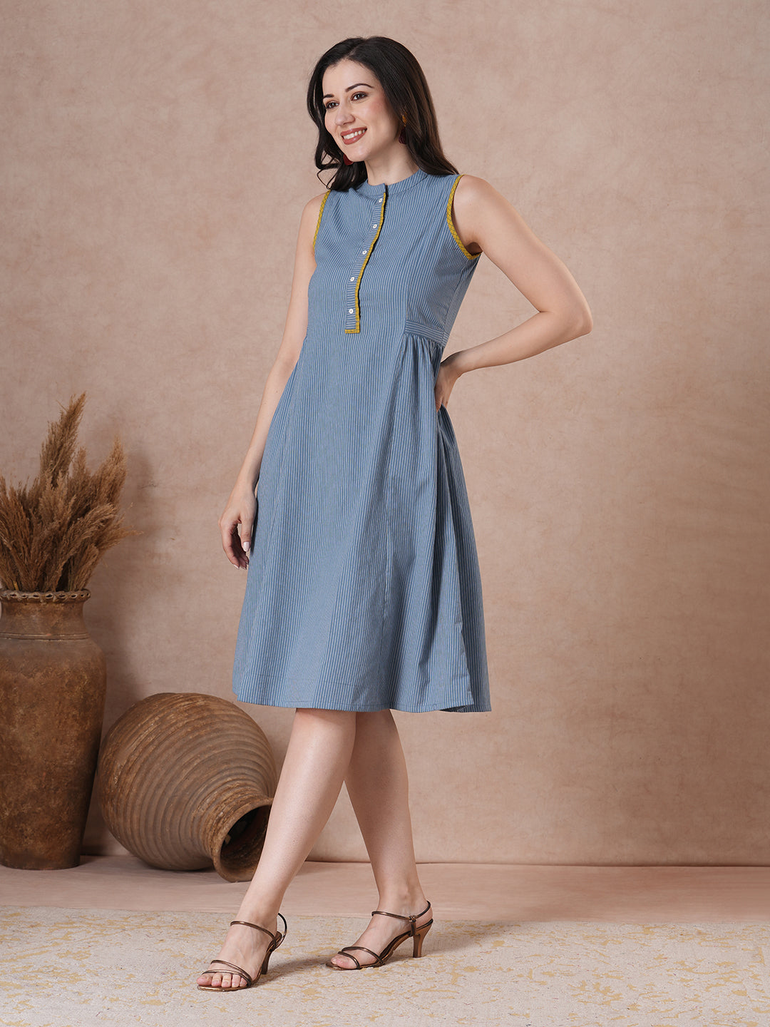 JOYLAND - Cotton striped Princess Line stand collar sleeveless Dress with Contrast Trim.