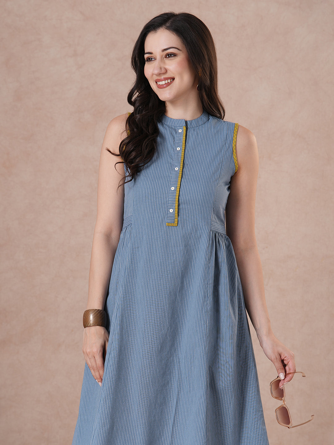 JOYLAND - Cotton striped Princess Line stand collar sleeveless Dress with Contrast Trim.