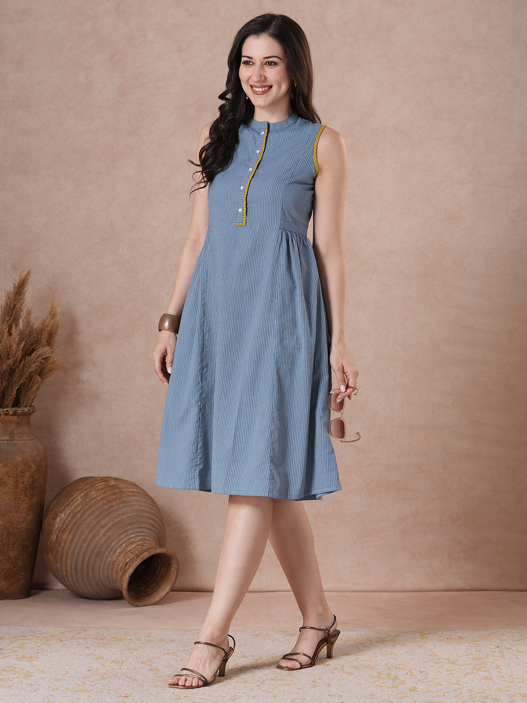 JOYLAND - Cotton striped Princess Line stand collar sleeveless Dress with Contrast Trim.