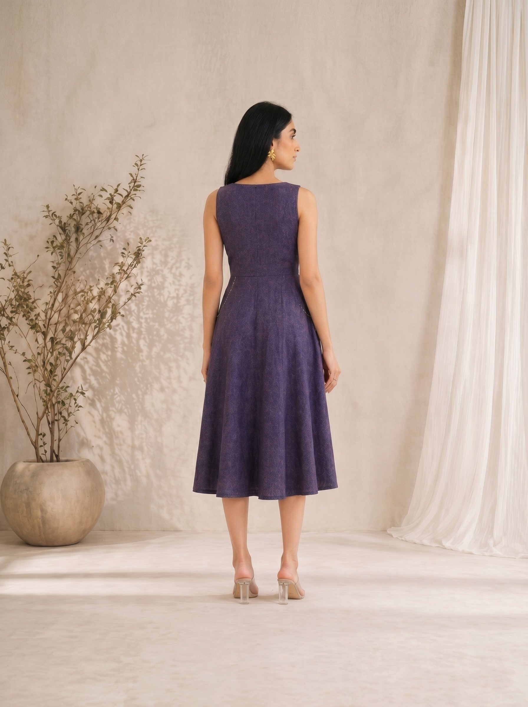 JOYLAND-Bias Fit & Flare Cotton Dress with Asymmetric Placket and Hand worked Pockets.