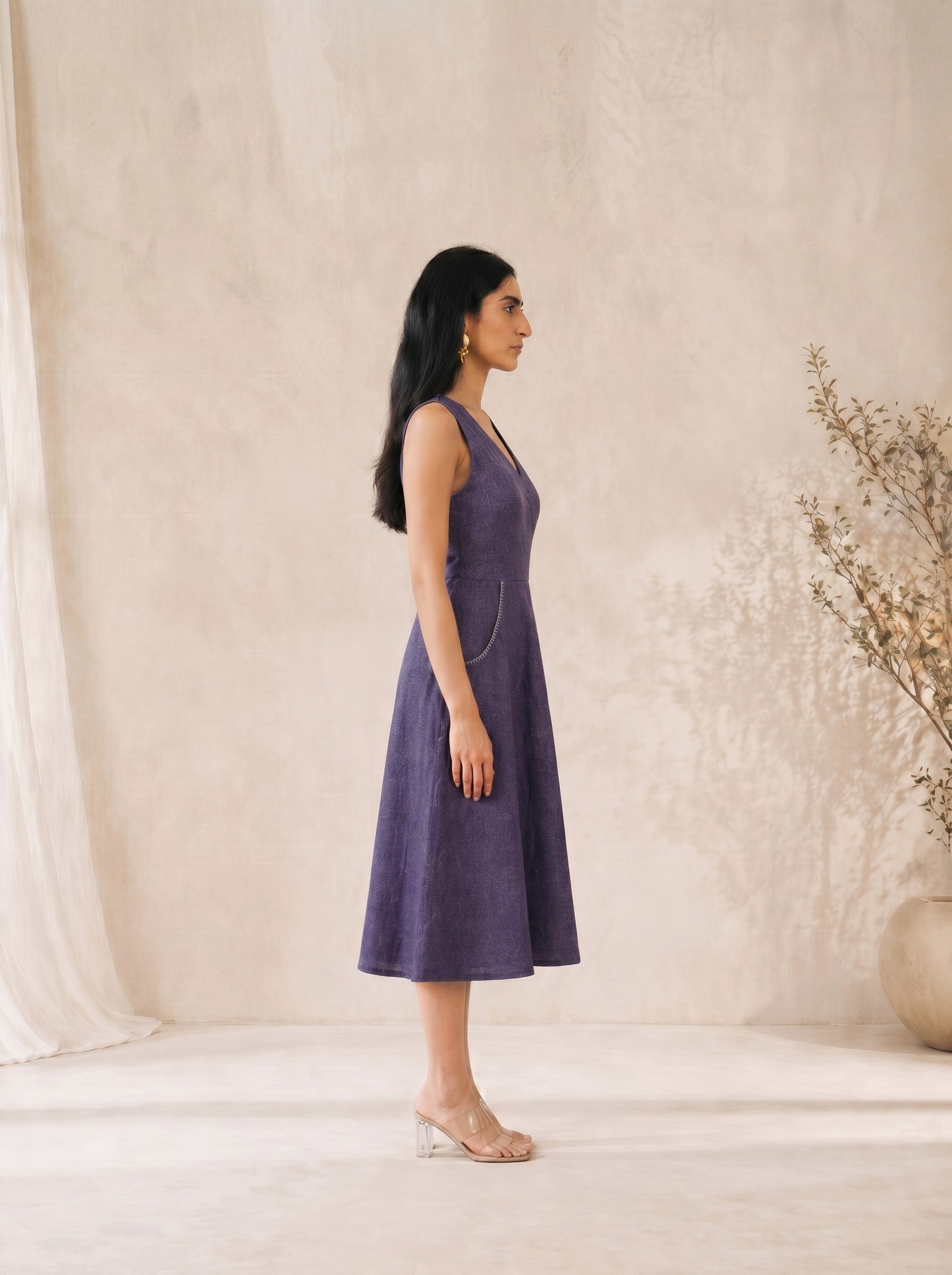 JOYLAND-Bias Fit & Flare Cotton Dress with Asymmetric Placket and Hand worked Pockets.